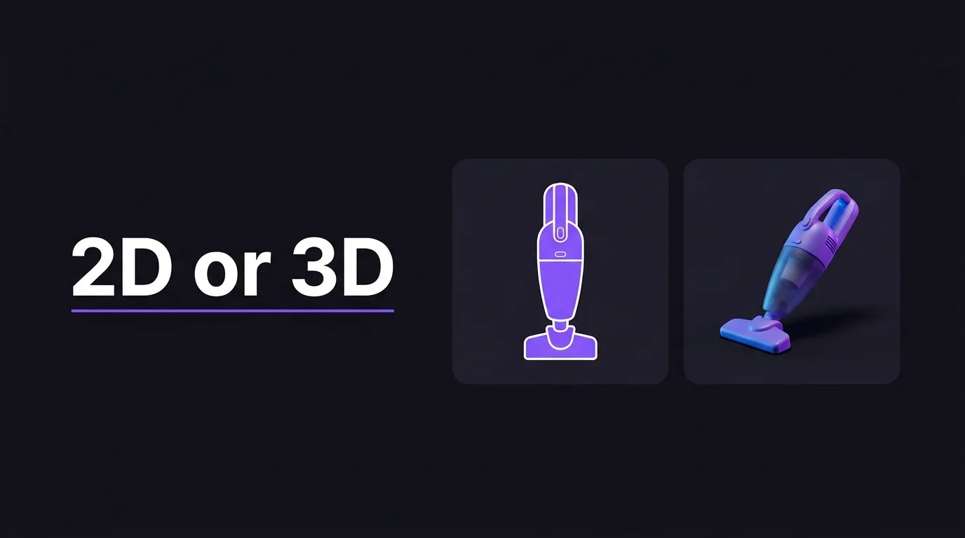 Title card reading 2D or 3D beside two panels showing the same handheld vacuum, one as a flat violet illustration and one as a lit dimensional object with a cast shadow