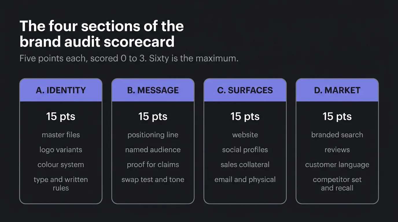 Four vertical cards labelled A identity, B message, C surfaces and D market, each worth fifteen points, listing the checks inside them, under a heading reading the four sections of the brand audit scorecard