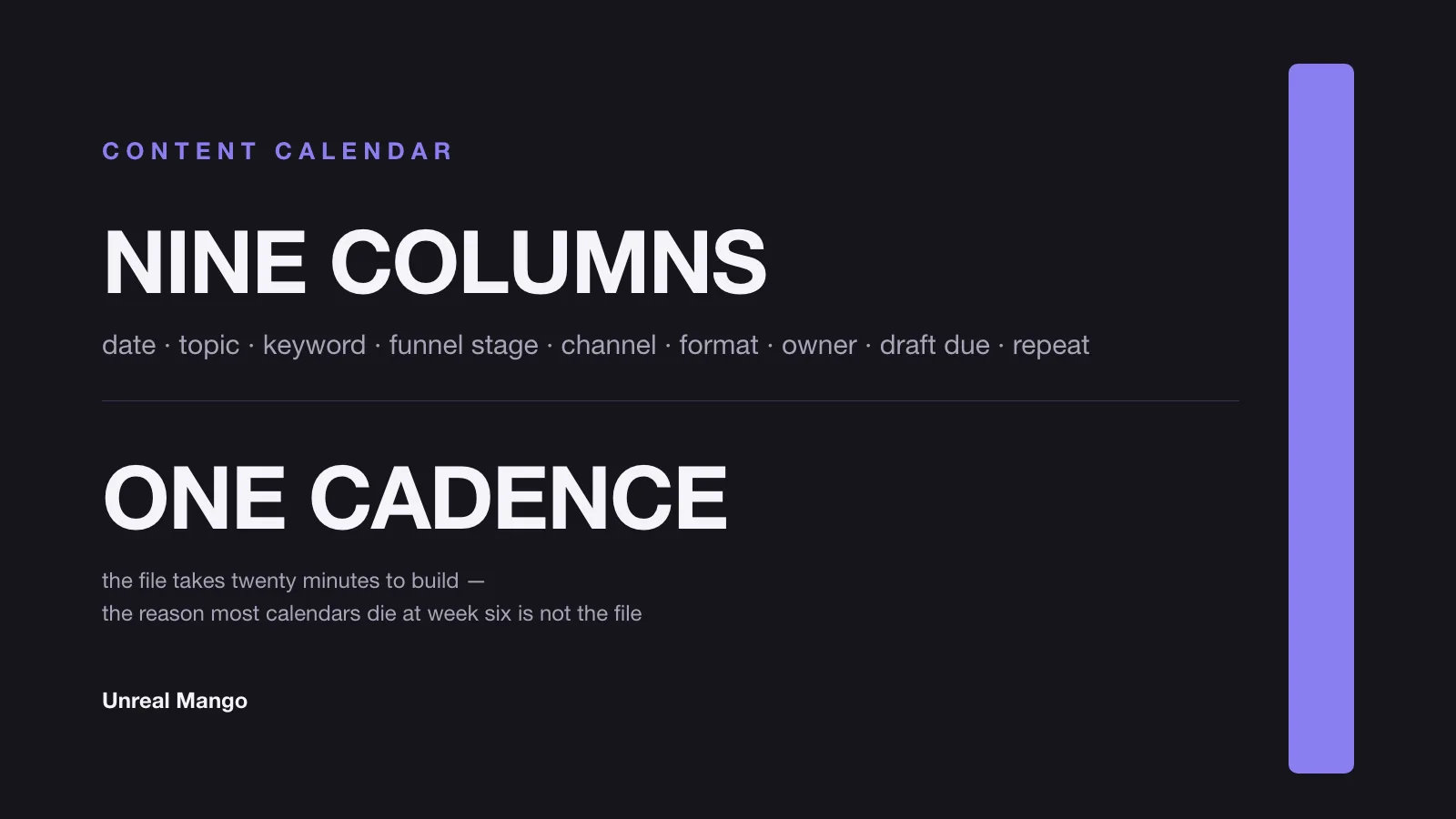 Title card reading nine columns and one cadence, with the line that the file takes twenty minutes and the reason calendars die at week six is not the file