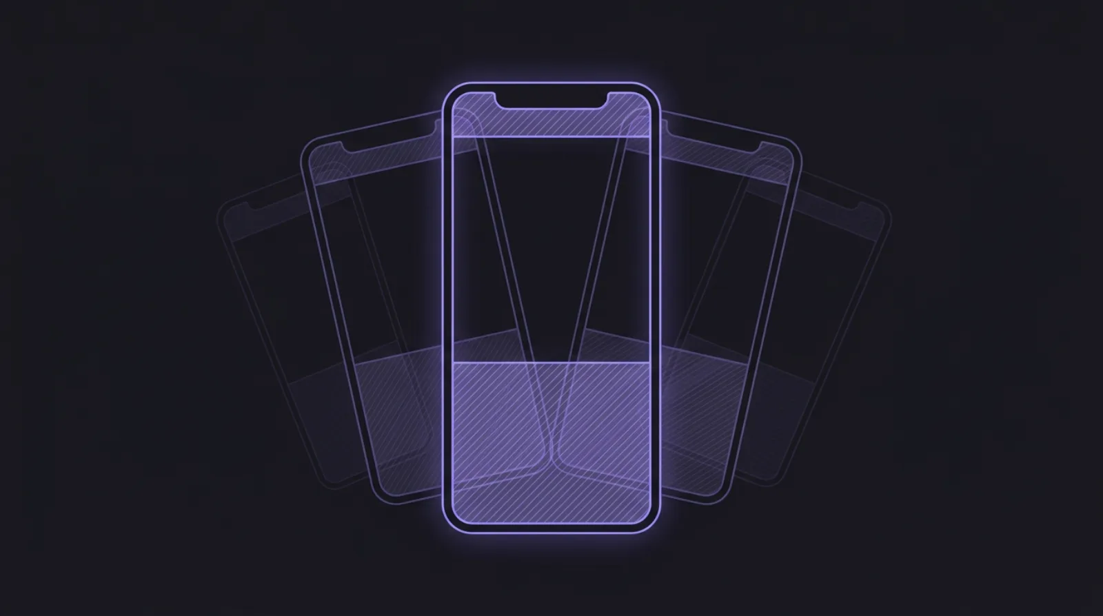 A glowing violet vertical phone frame with hatched bands over its top and lower third, and three dimmer copies of the same frame fanned out behind it