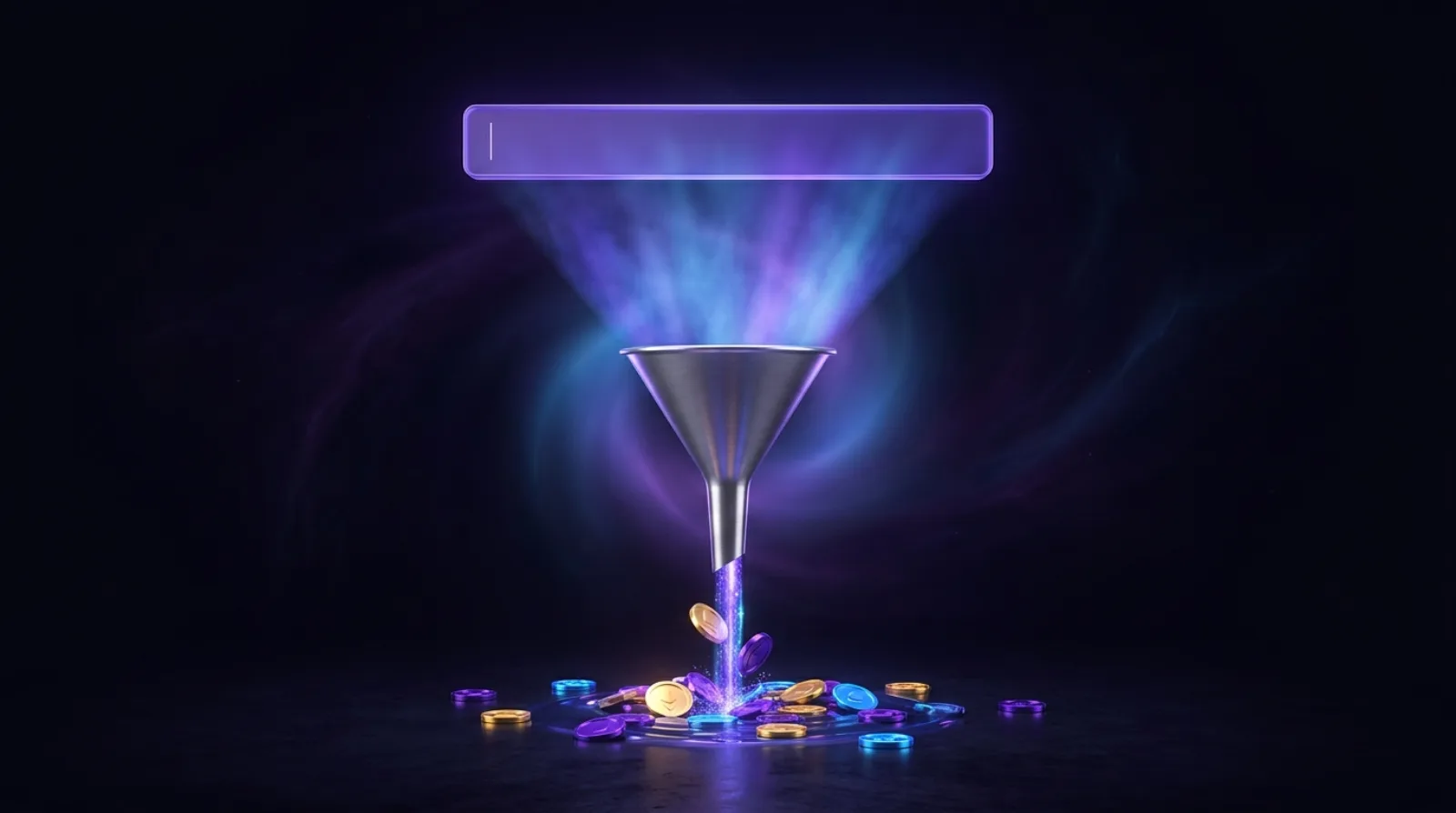 A violet search bar suspended above a shallow pool of coins, with a narrow funnel between them letting only a thin stream through