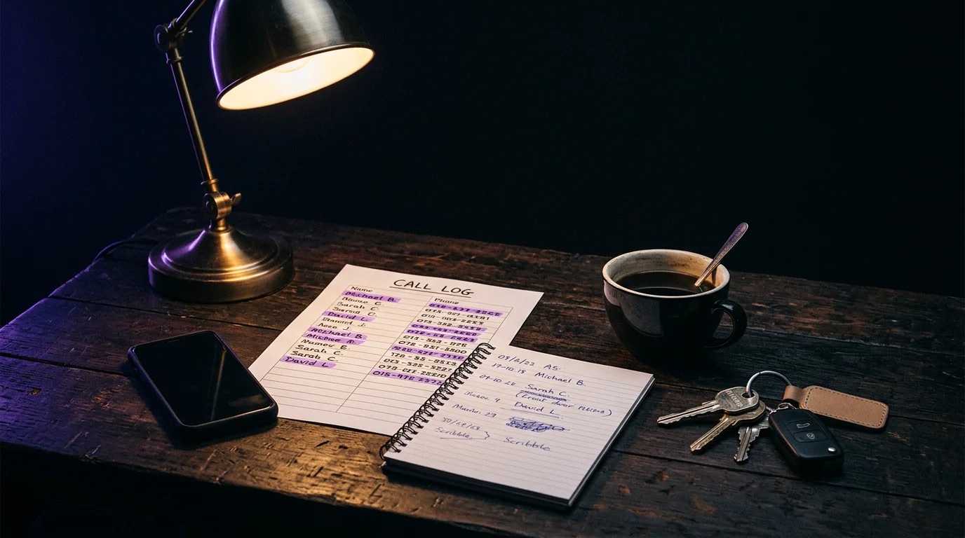 A call log sheet with highlighted rows beside a phone, notebook, house keys and coffee on a desk under a lamp
