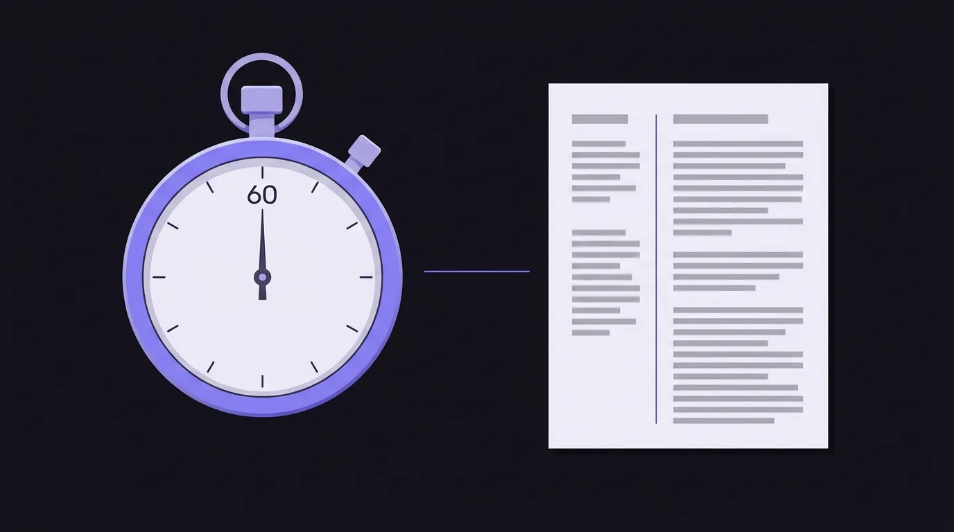 A violet stopwatch with its hand at sixty seconds, joined by a thin line to a script page ruled into a narrow left column and a wider right column