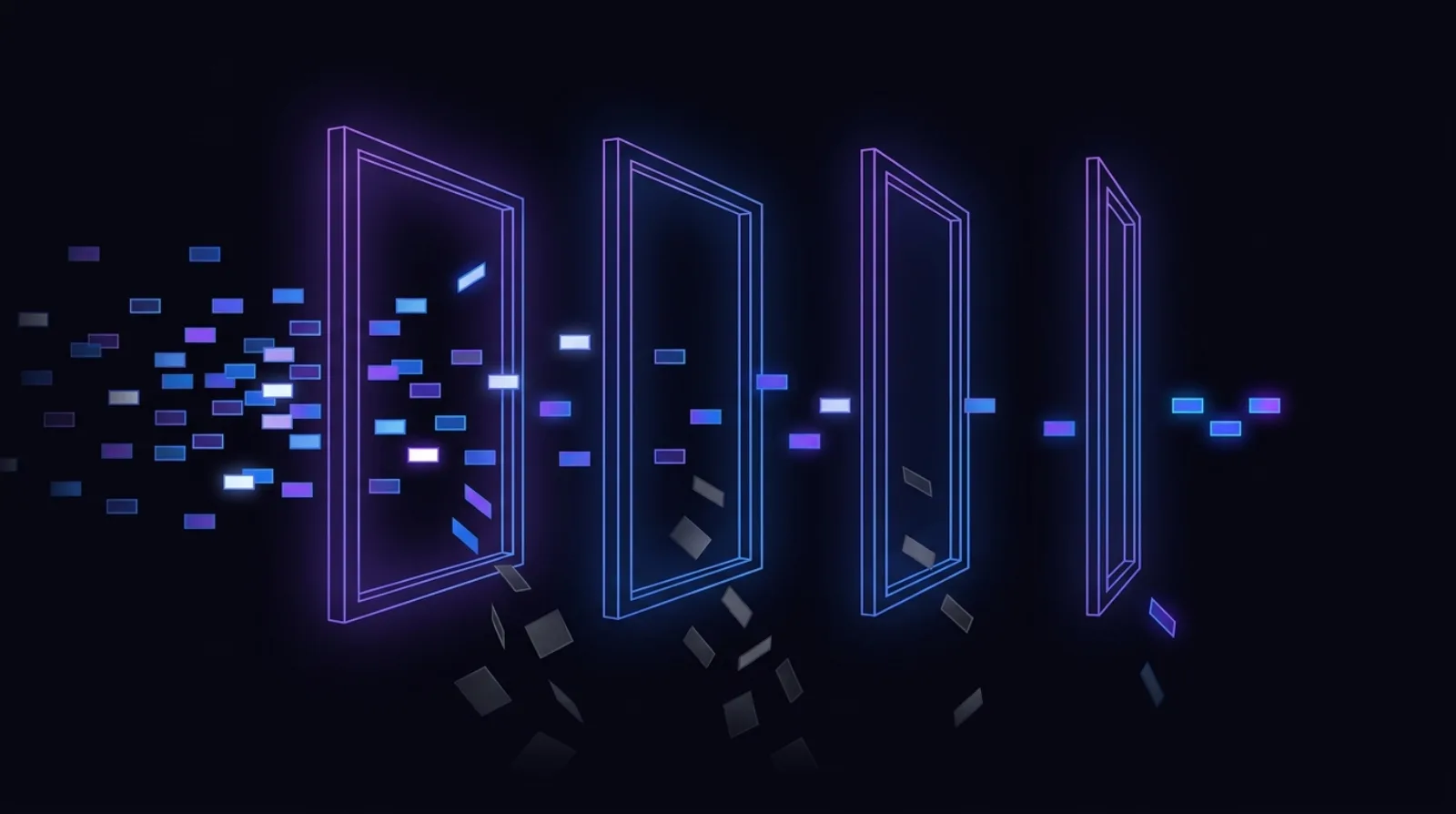 Four glowing violet and blue gate frames in a row, with luminous tiles thinning out as they pass through each one and grey rejects falling away below