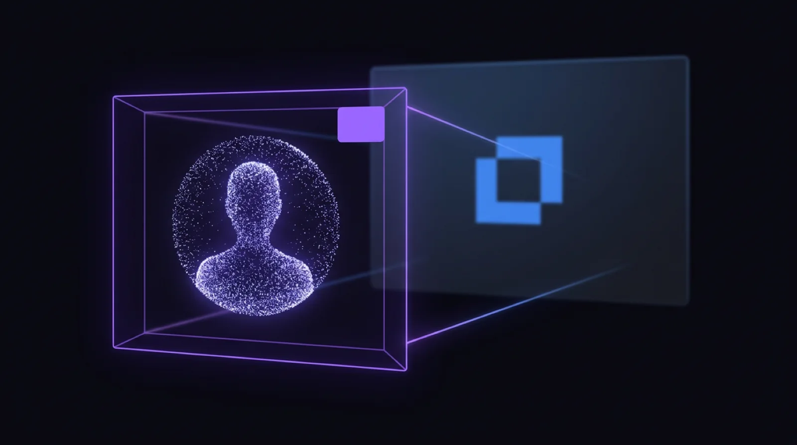 A violet wireframe card holding a particle portrait of one person, with a blank violet badge in its corner and a faded blue corporate card behind it