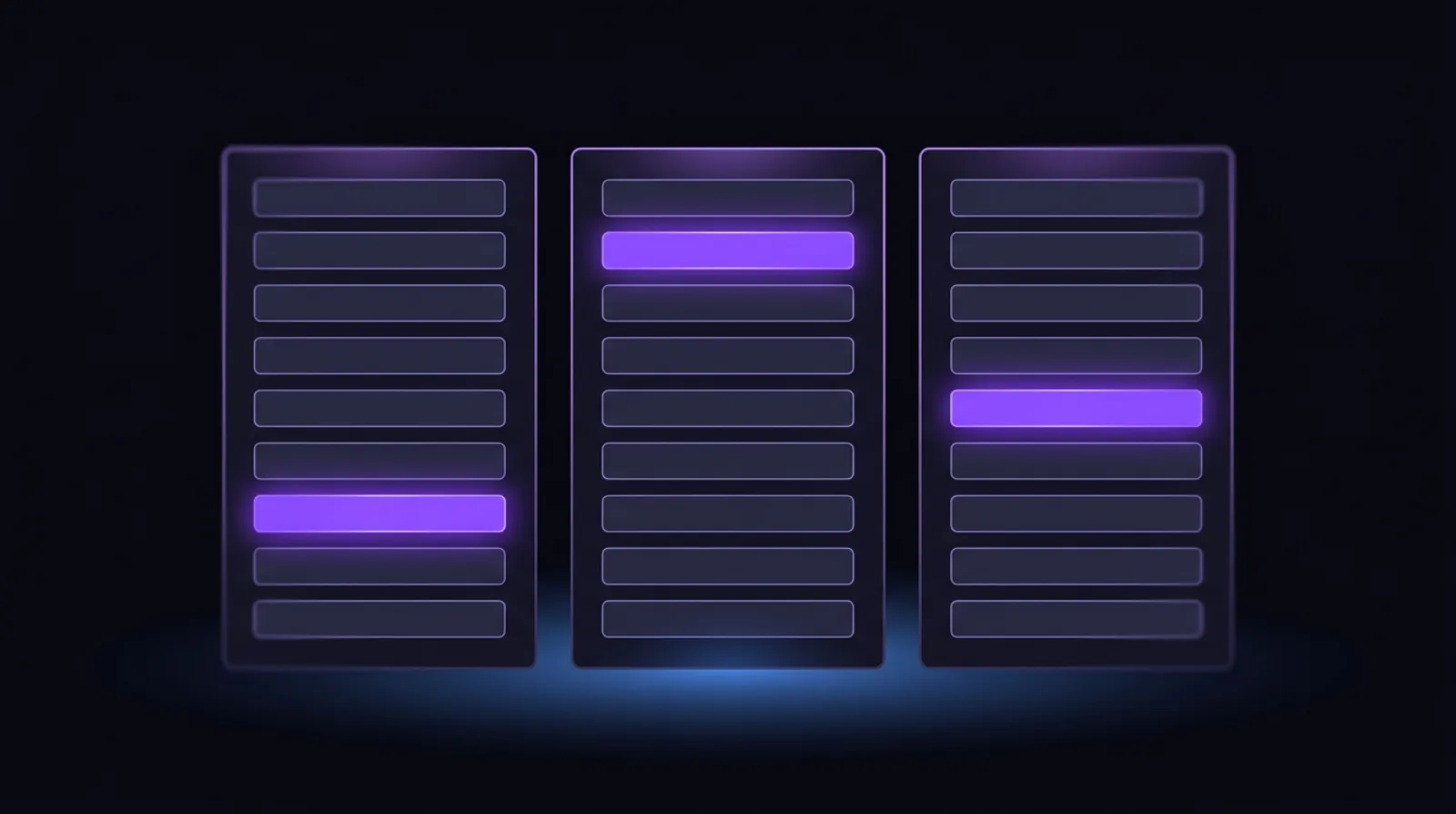 Three violet plan documents side by side, each with the same nine section bars but a different bar lit up