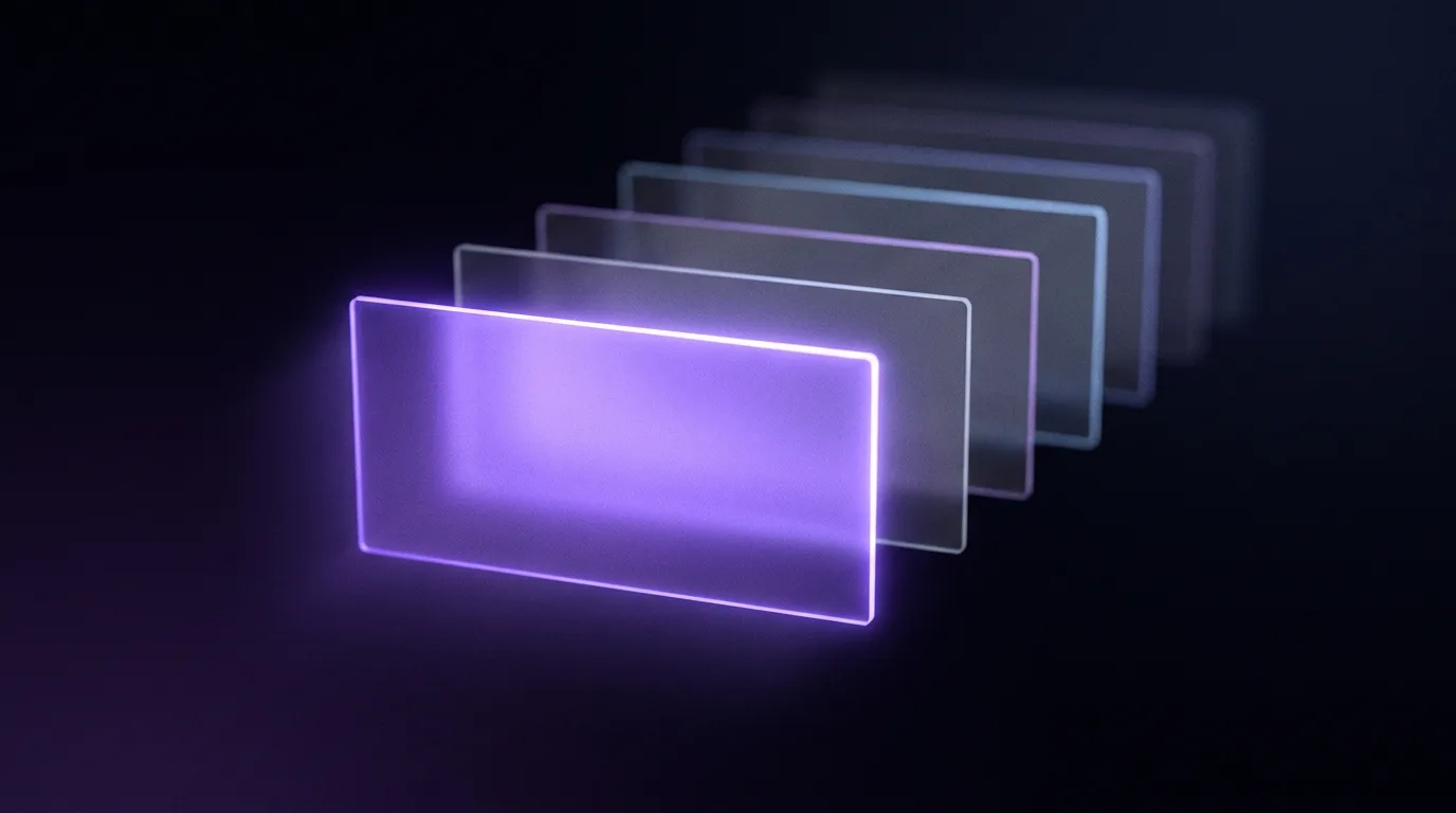 Abstract dark illustration of six thin glowing cards stacked in depth like emails in an inbox, with the nearest card lit bright violet and the five behind it left dim