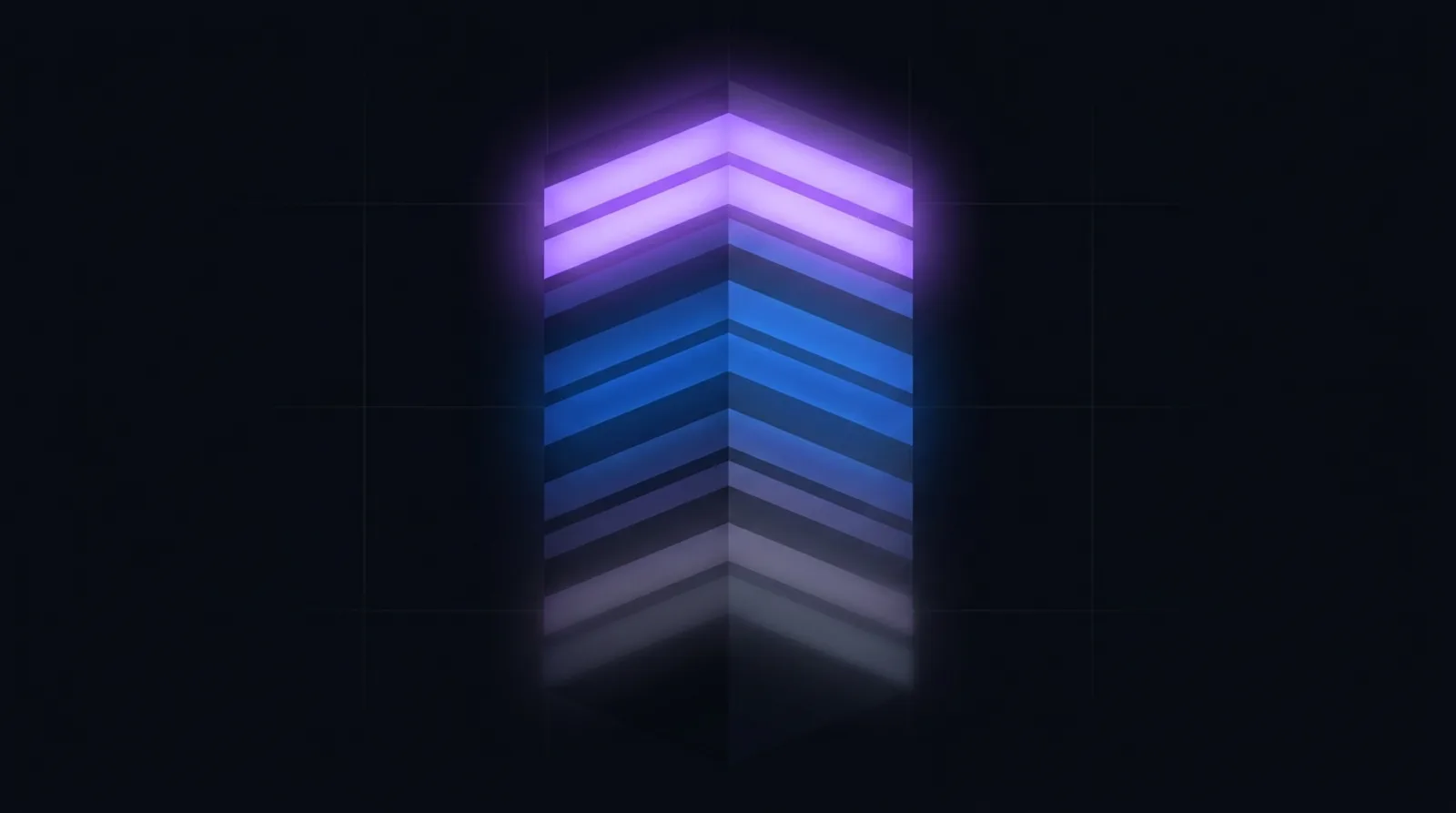 Abstract dark illustration of a tall column of stacked horizontal bands folded down its centre like an open document, the topmost bands glowing bright violet and the bands below fading through blue into dim grey