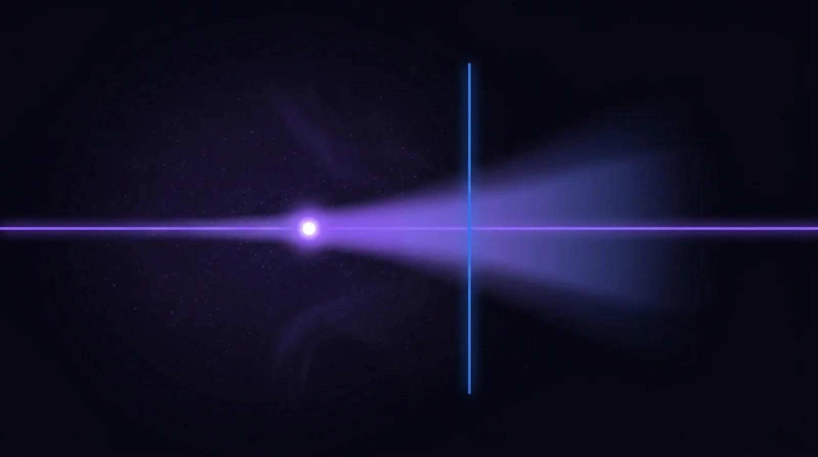 A glowing violet marker on a thin horizontal rail, with a wide translucent band of light spreading from it across a vertical blue reference line