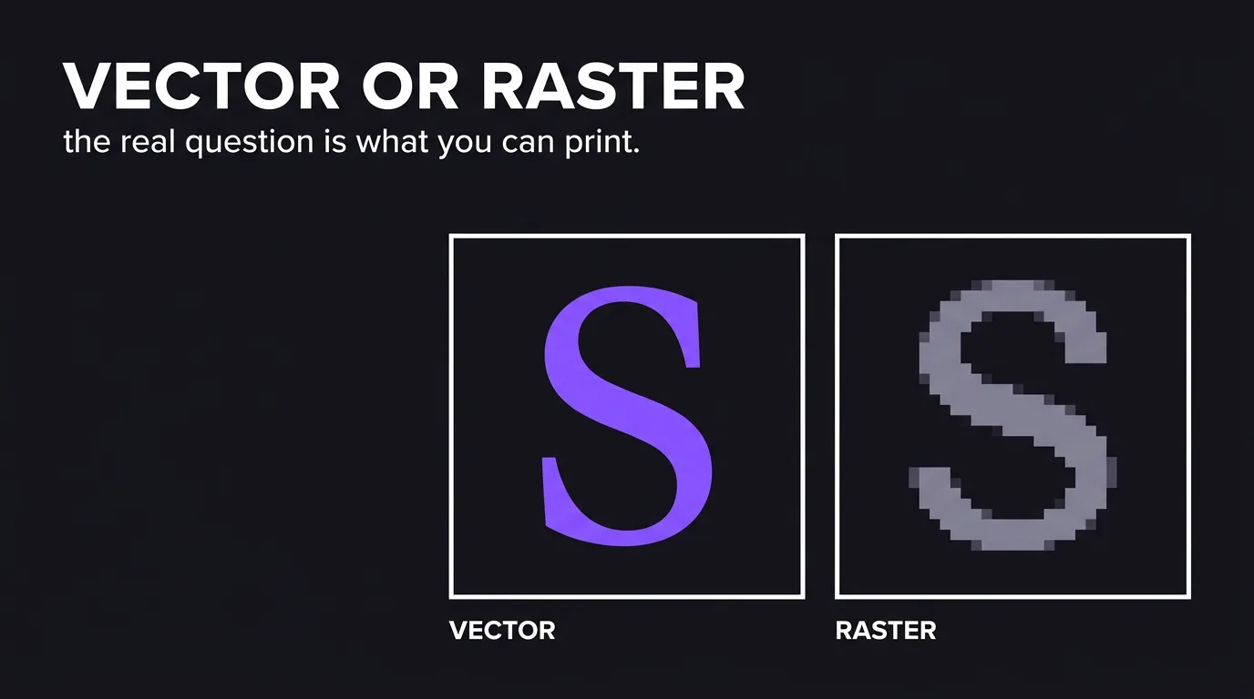 Title card reading vector or raster beside two panels showing the same letter S, one with smooth crisp edges and one built from visible square pixels