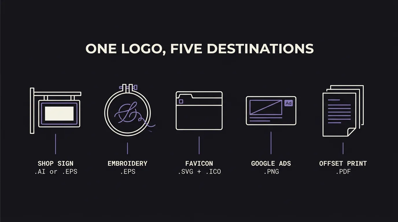 Infographic titled one logo five destinations, with line icons for a shop sign, an embroidery hoop, a browser window, a display ad banner and a stack of printed sheets, each captioned with the file format it needs
