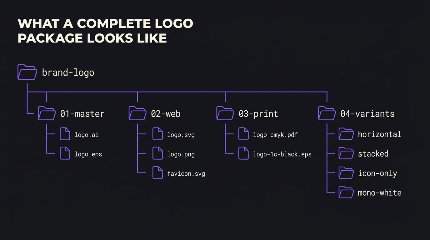 File tree diagram titled what a complete logo package looks like, showing folders for master, web, print and variants with the file names inside each