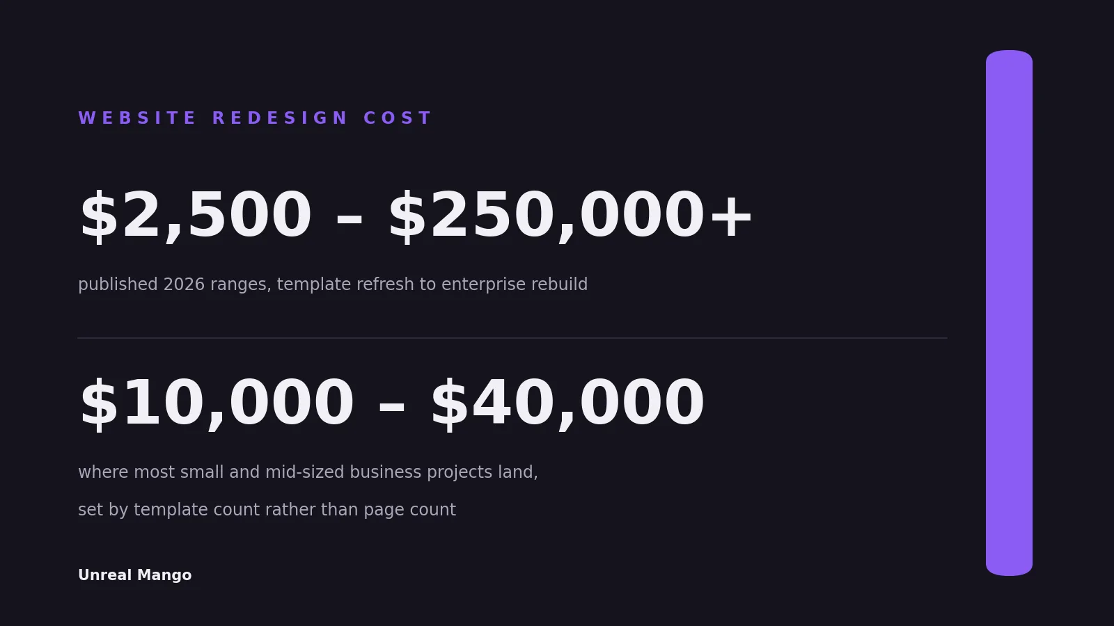 Title card showing the headline website redesign ranges: $2,500 to $250,000 plus overall, and $10,000 to $40,000 for most small and mid-sized businesses