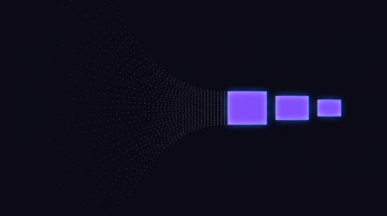 A wide funnel of small gray dots on the left narrowing into three glowing violet rectangles on the right, each rectangle lit from within