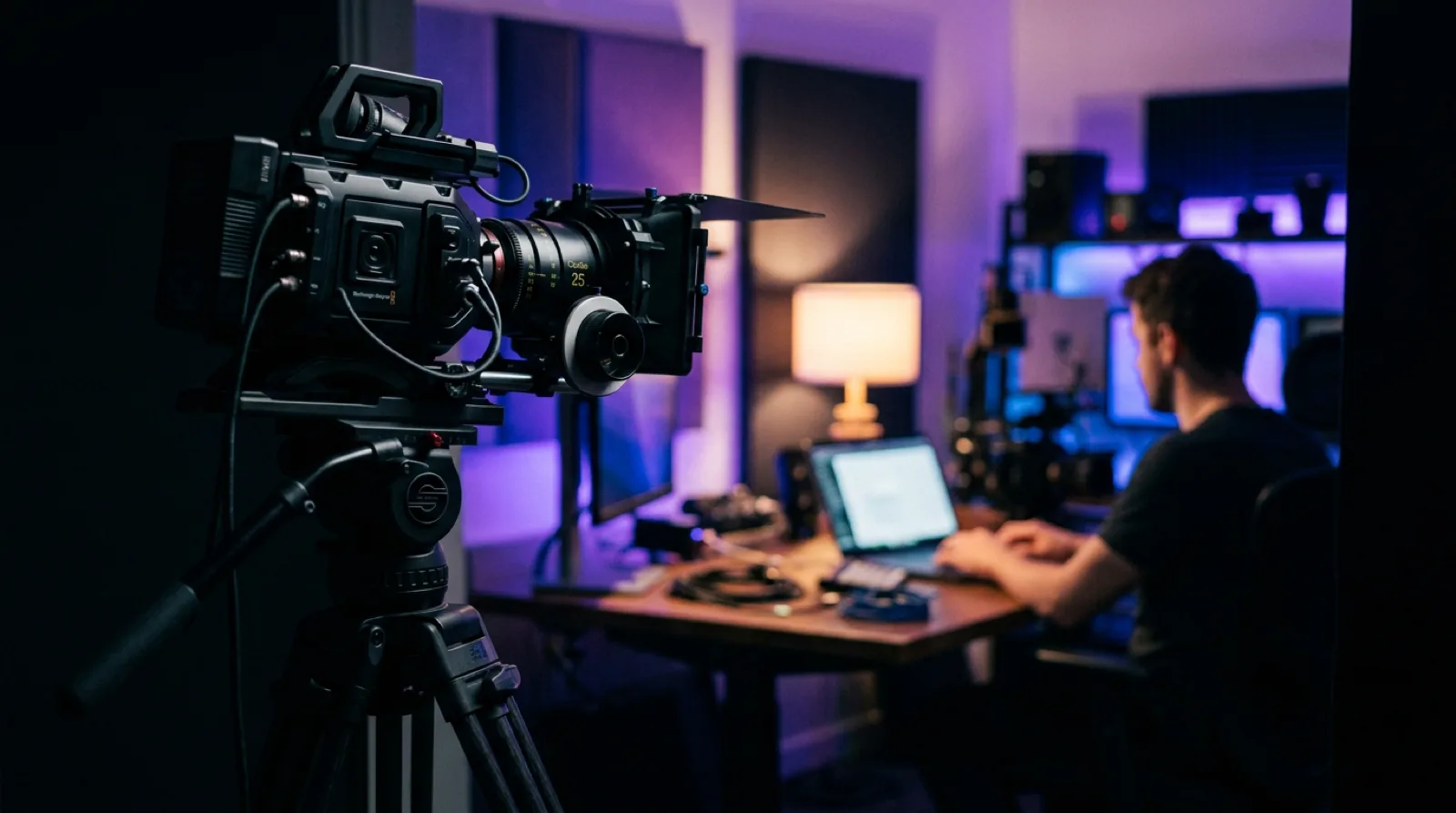A cinema camera on a tripod in the foreground, framing a desk where someone is working, in a dark room lit violet and blue